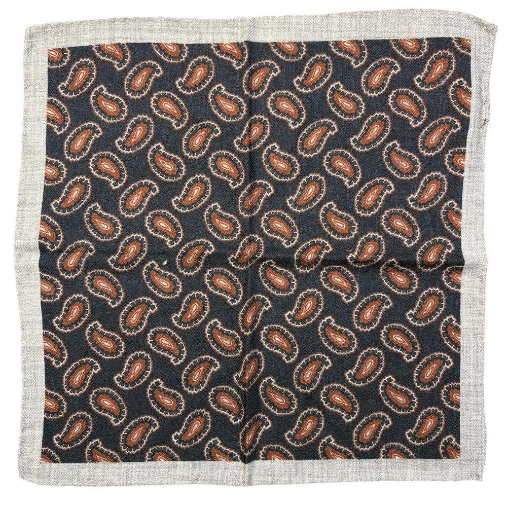 Barneys New York Wool Pocket Square Gray Brown Paisley Made in Italy 12"
